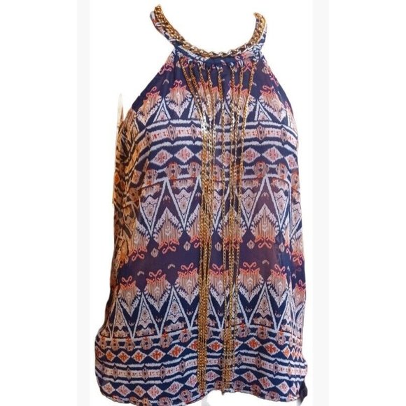 LOVE SONG WOMEN'S TOP-Fringe Multicolor Halter Gold Chain Geometric- Large - Picture 6 of 10